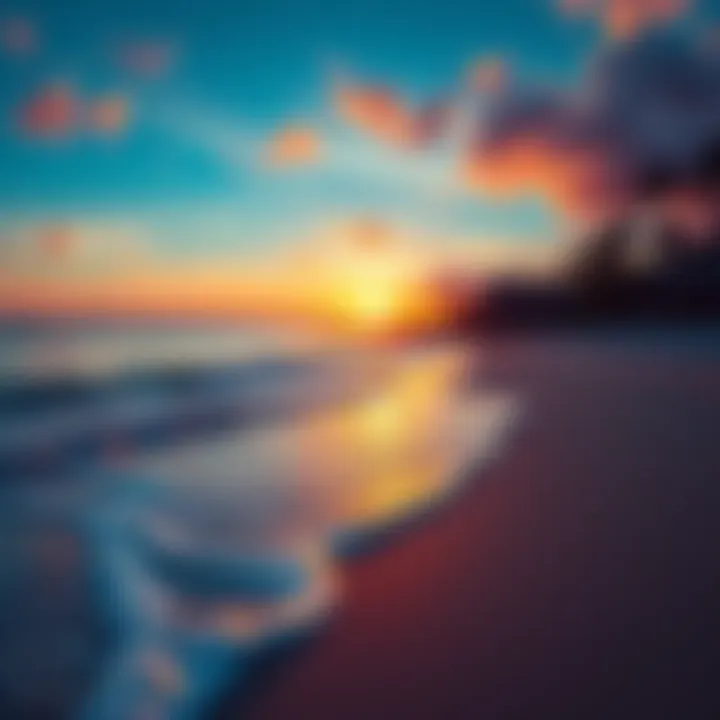 A tranquil beach with soft waves and a colorful sunset, perfect for mental escape during market stress.