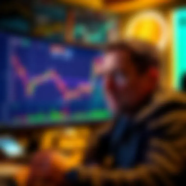 A person looking at a computer screen displaying Bitcoin price charts, showing fluctuations with red and green lines, while keeping a calm expression.