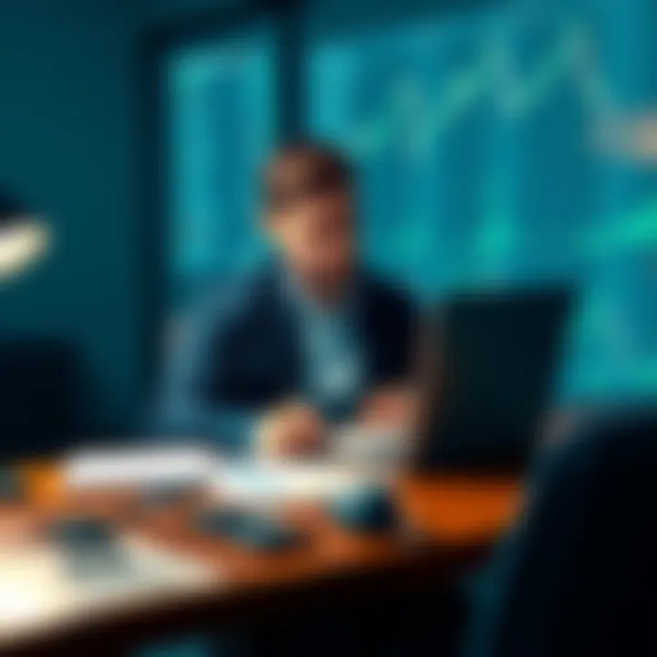 Calm Investor A calm person sitting at a desk with a laptop, reviewing investment charts and making notes, symbolizing a steady investment strategy.