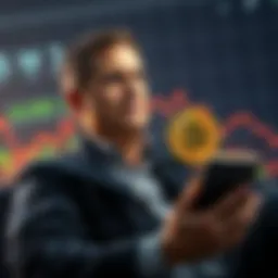 Calm Investor Accumulating Bitcoin A relaxed investor calmly buying Bitcoin during a price dip, showing a graph with downward trends in the background.