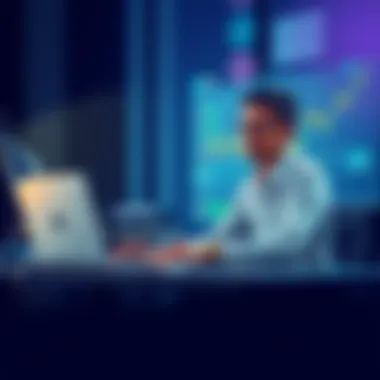 A calm person sitting at a desk with a laptop, looking at Bitcoin charts while practicing Stoicism with a serene expression.