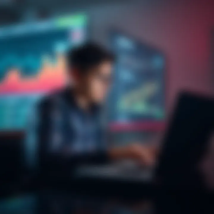 A calm investor studying market trends on a laptop, with financial graphs and charts displayed, representing a thoughtful approach to dollar-cost averaging.