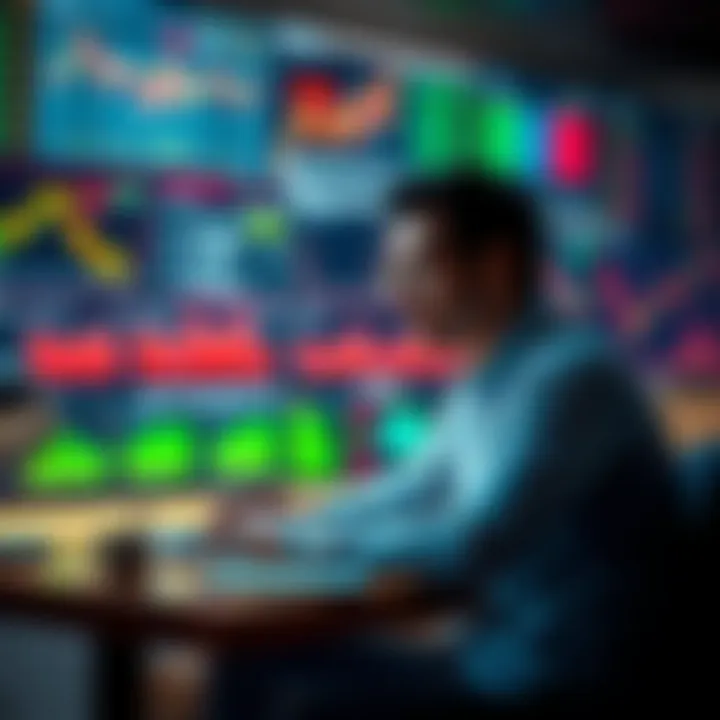 A person sitting at a desk analyzing market trends on a laptop, looking thoughtful while surrounded by stock charts and graphs.