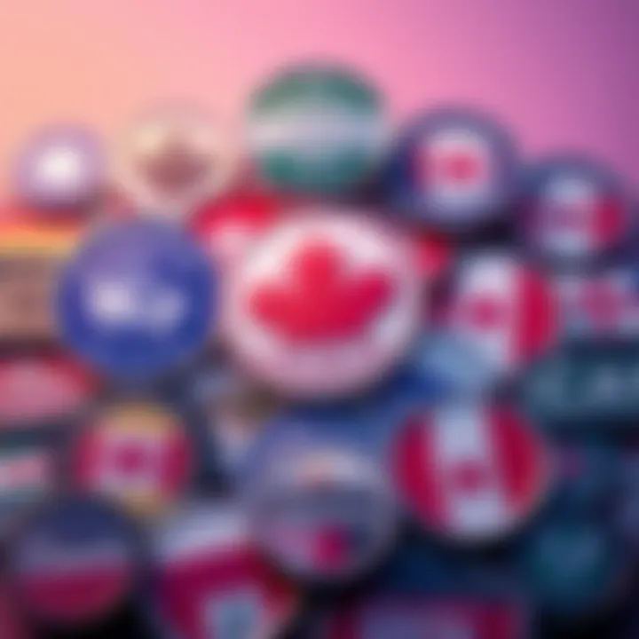 Various badges symbolizing Canada, its provinces, and cities displayed together
