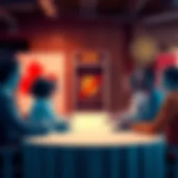 A group of people debating around a table with a Bitcoin symbol and a crossed-out ATM in the background, representing the controversy over crypto ATMs in Canada.