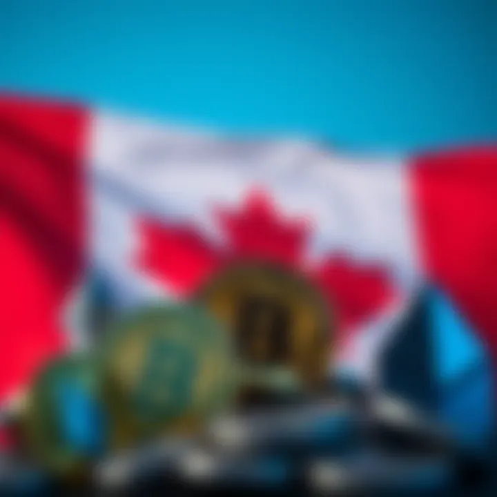 A Canadian flag in the background with various cryptocurrency symbols like Bitcoin and Ethereum in the foreground, representing the cryptocurrency landscape in Canada.