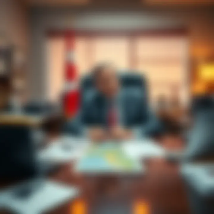 A Canadian mayor sitting at a desk with paperwork and a small town map, looking thoughtful about local governance.