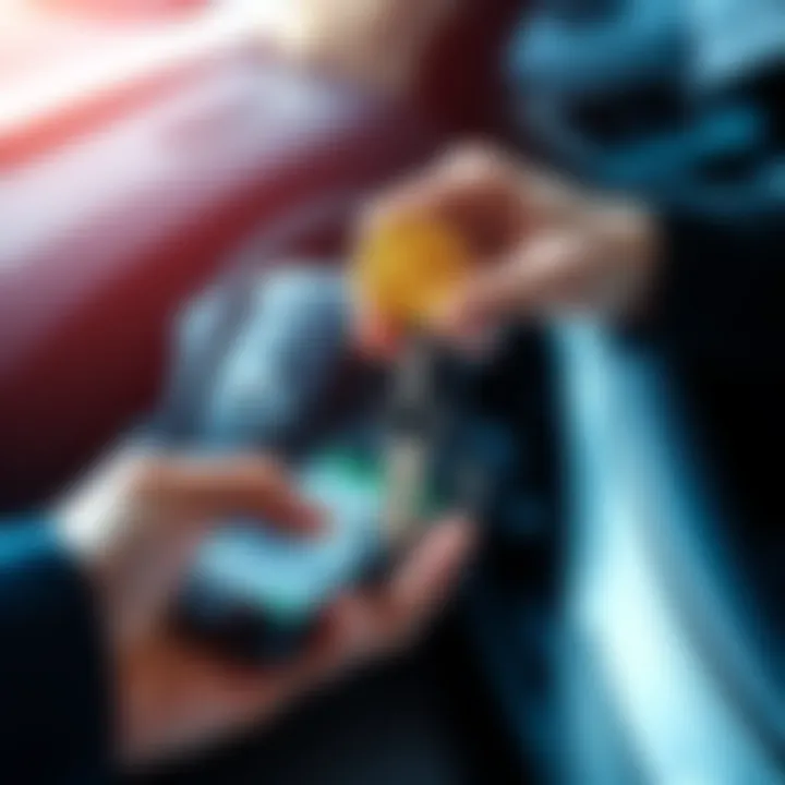 A person handing over car keys while receiving cryptocurrency payment on a smartphone