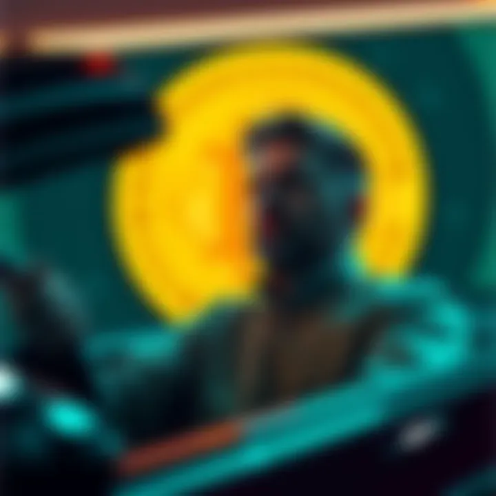 A man selling his car to invest in Bitcoin, with a Bitcoin logo in the background.