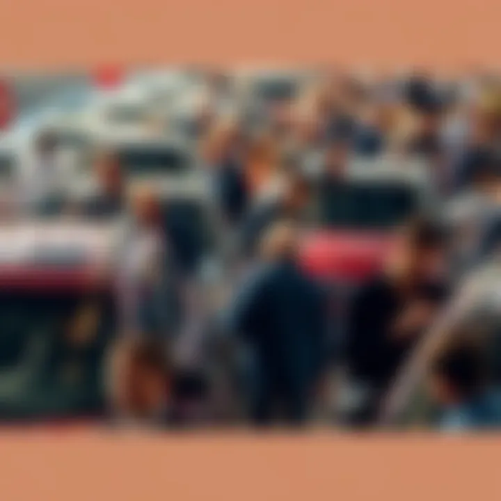 A crowd of bidders participating in a lively car auction, with various cars displayed for sale.