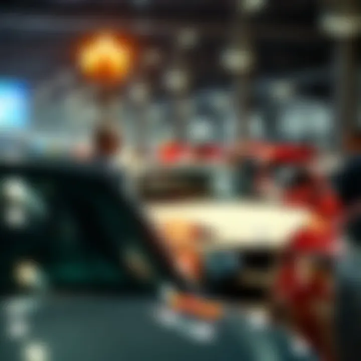 A car being auctioned with bidders discussing its title history