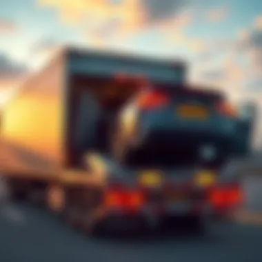 A vehicle being secured on a shipping truck for transport