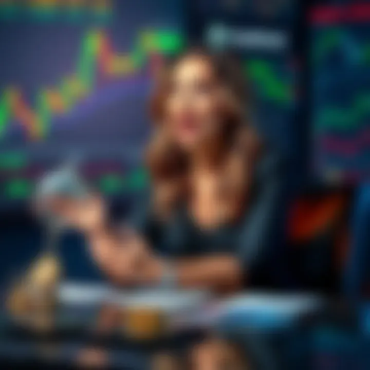 Cara Nicole sitting at a table, passionately explaining why she believes cryptocurrency is a scam, surrounded by financial charts and graphs.