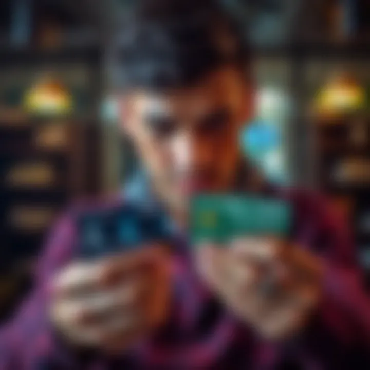 Card Options A person studying two credit cards, one standard and one premium, considering their choices for cancellation or upgrade.