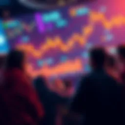 A group of Cardano supporters engaging in a discussion about the platform's future, with a backdrop of digital graphs and charts representing market trends.