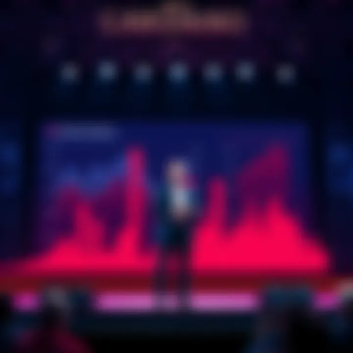 Charles Hoskinson presenting a plan for Cardano's funding changes on a stage, with charts and graphs visible behind him.