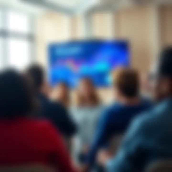 A group of diverse people attending an online masterclass about blockchain and sustainability, with a digital presentation in the background.