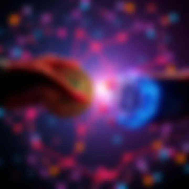 Two digital currencies, Cardano and Bitcoin, exchanging in a peer-to-peer transaction without intermediaries.