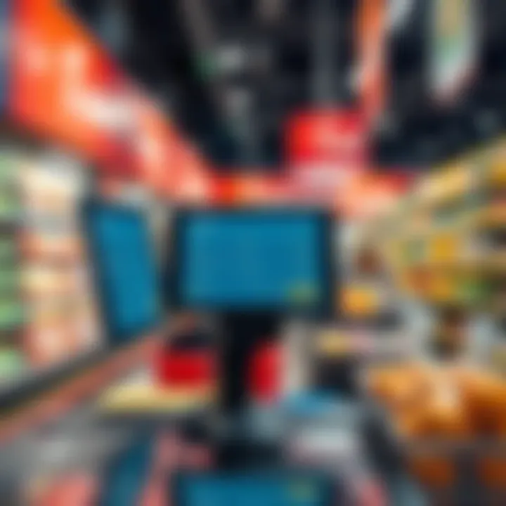 A supermarket checkout with a digital payment screen showing Cardano blockchain options, enhancing shopper experience.