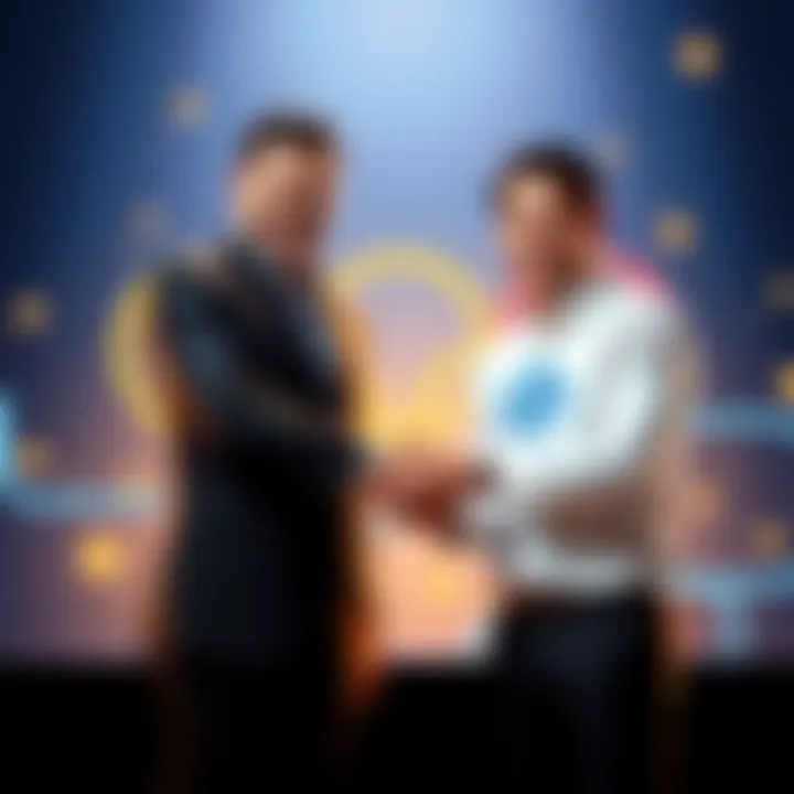 Representatives from Cardano Foundation and Brazilian Olympic Committee shake hands to signify partnership. Background includes Olympic rings and blockchain graphics.