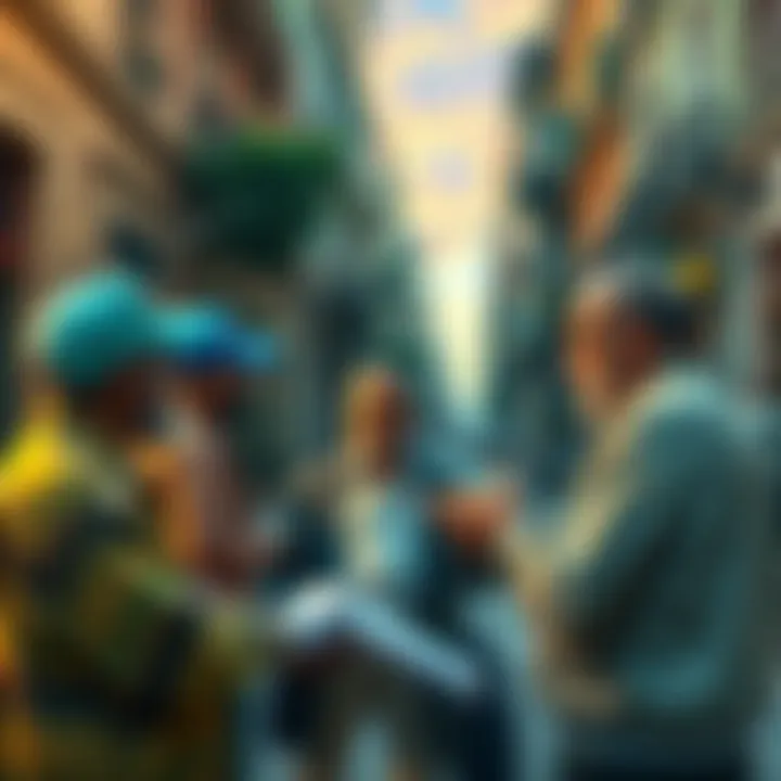 Cardano Funding Cuba A group of Cuban entrepreneurs discussing a Cardano-based funding project, surrounded by vibrant street life in Cuba.