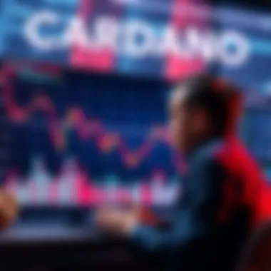 A chart showing the downward trend of Cardano's price with a concerned trader looking at it