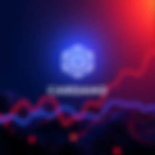 Cardano logo with a downward trend line showing market decline and governance challenges