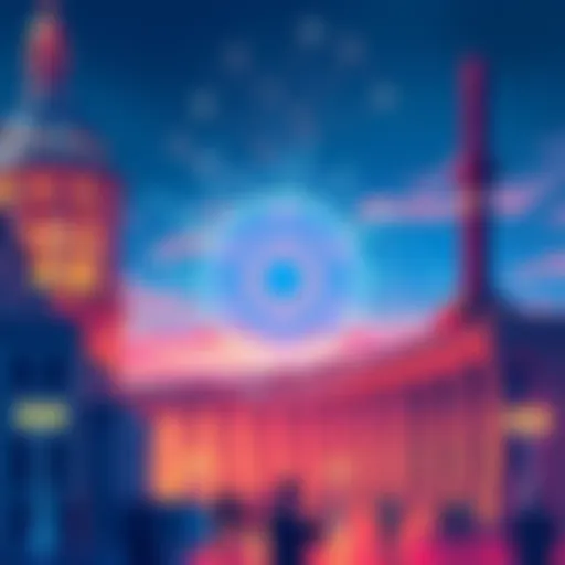 Illustration of the Cardano blockchain symbol integrating with government buildings, representing technological advancement in public finance management.
