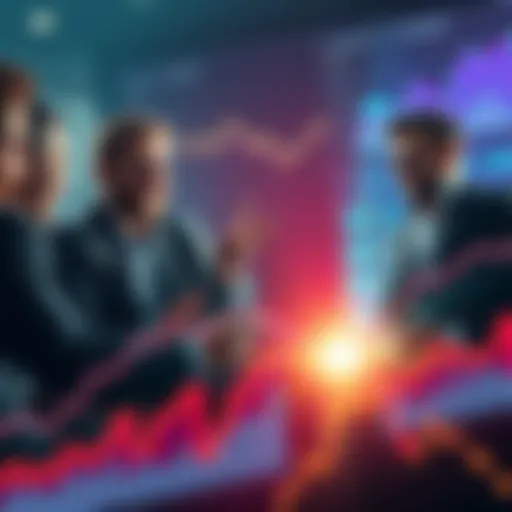 A group of wealthy investors discussing Cardano investments and market trends with excitement, surrounded by charts and graphs showing rising values.