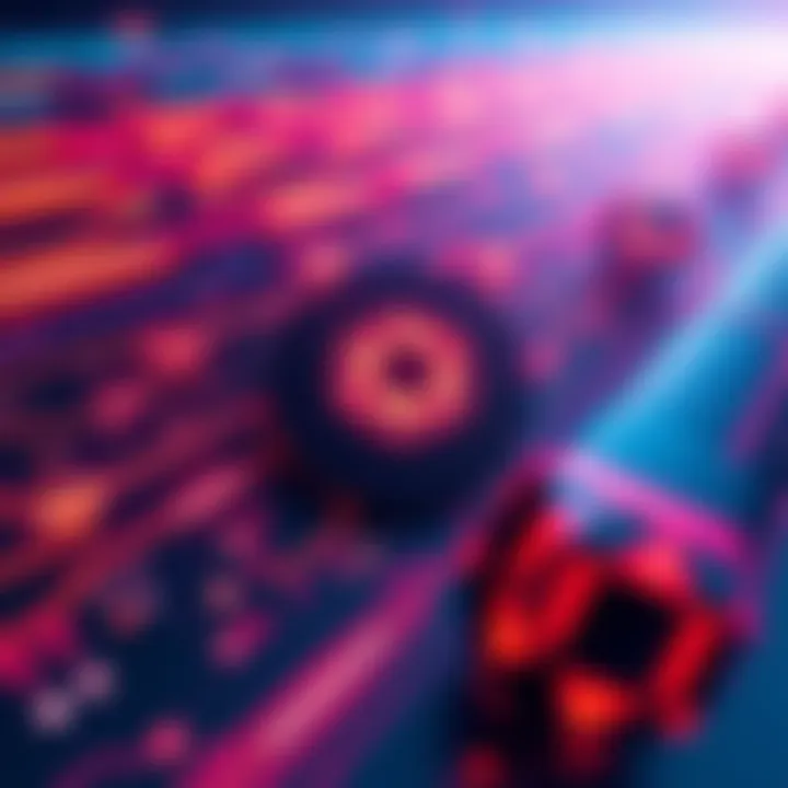 A digital representation of Cardano's Leios testnet launch with visual elements like speed and technology symbols