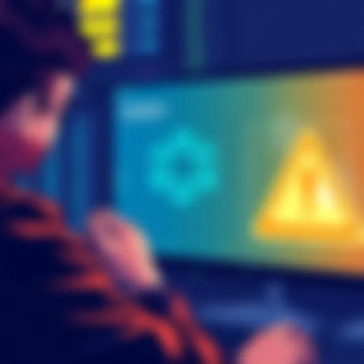 Cardano Network Incident Illustration of a worried investor looking at a screen showing Cardano's logo with a warning sign, representing the stability concerns after the recent crash.