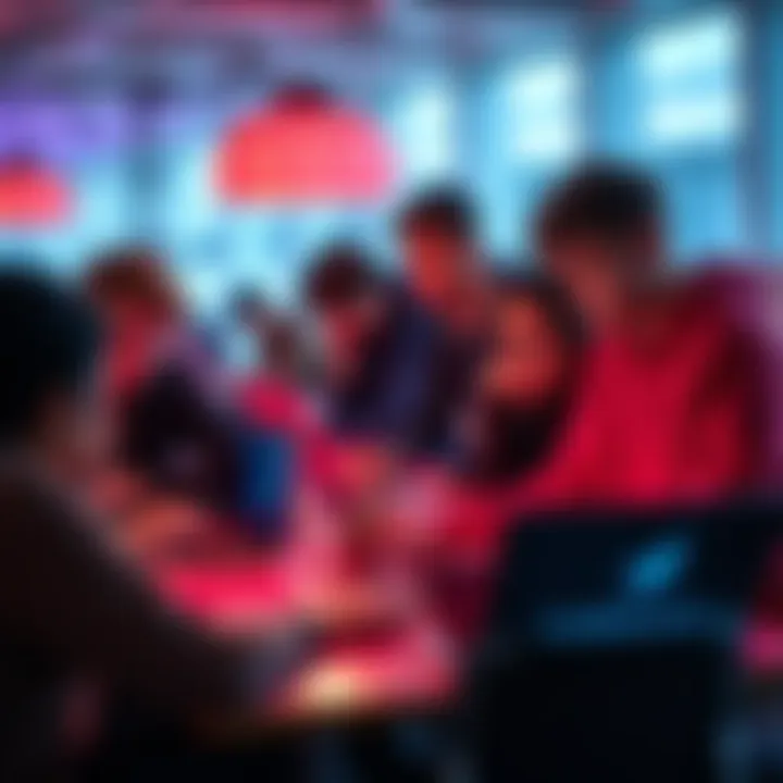 A group of students collaborating on blockchain projects at Draper University, with Cardano logo visible on their laptops