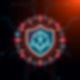 Visual representation of Cardano's blockchain security, showing a digital shield protecting user assets against hacks, with a dark background and bright highlights illustrating safety and resilience.