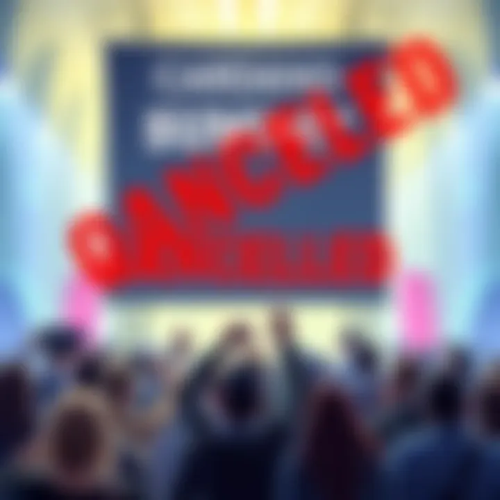 A graphic showing a canceled event banner for the Cardano Summit, with community members expressing their opinions in the background.