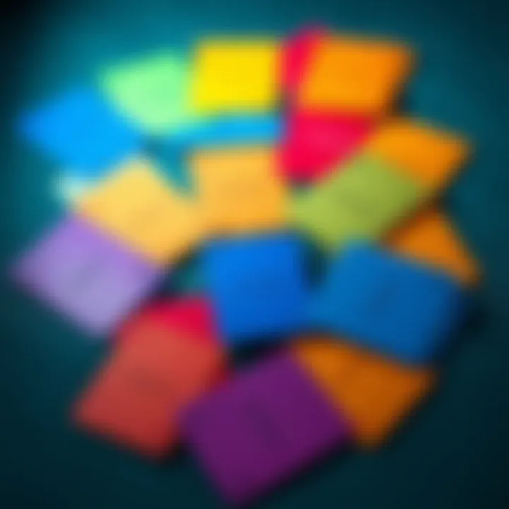 A collection of colorful cards spread out on a table, illustrating the concept of generating passphrases, contrasting traditional dice methods.