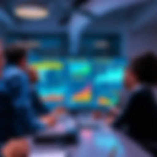 A group of professionals discussing blockchain technology in an office setting, with charts and graphs on a screen indicating growth and trends.