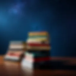A collection of Carl Sagan's science books stacked on a table with a starry background