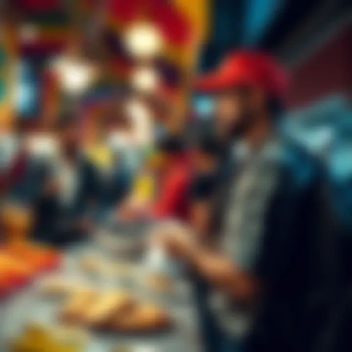 A traveler shows a credit card while speaking to a vendor at Carnaval in São Paulo, looking concerned about a high charge.