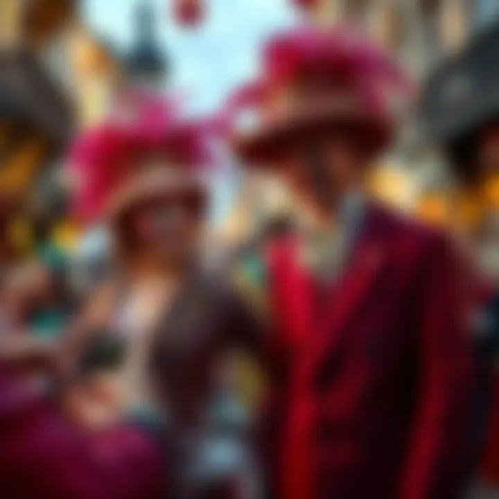 Gereon and Dr. Forster in vibrant Carnival costumes amidst lively crowds in Cologne, preparing to escape to Paris