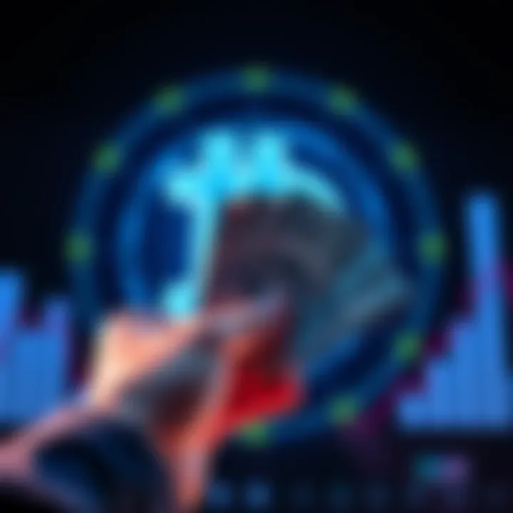 Person holding cash with a crypto exchange logo in the background