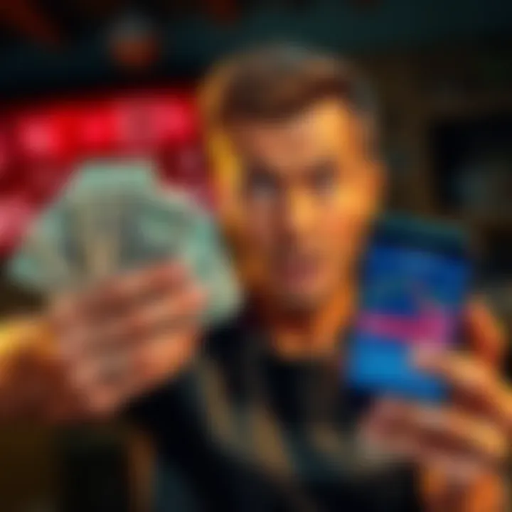 Cash and Cryptocurrency A person looking frustrated while holding cash and a phone showing memecoin charts, symbolizing the struggle to convert memecoin profits into cash.