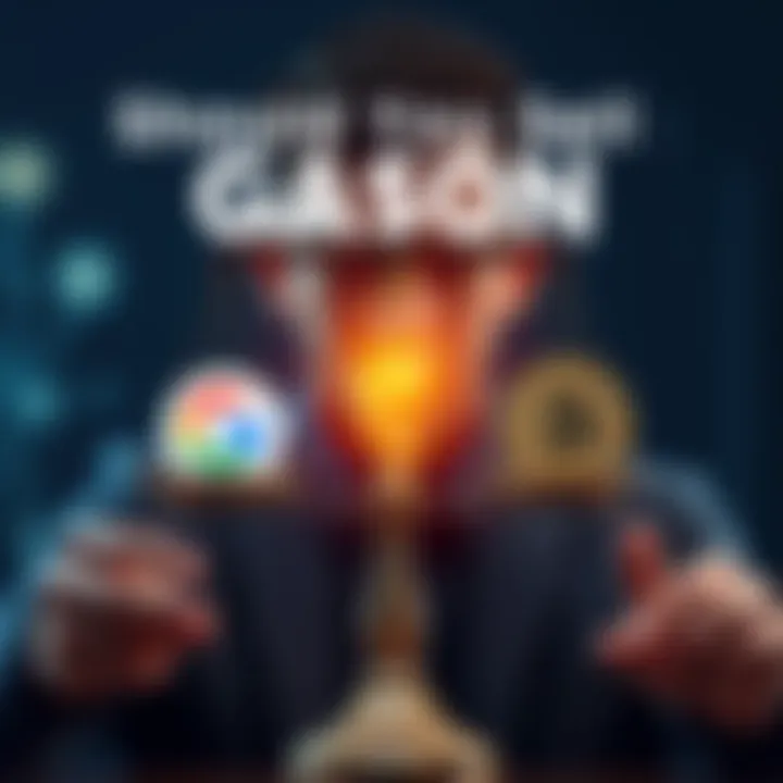 A person weighing options between selling Google shares and Bitcoin for quick cash, with symbols of Google and Bitcoin in the balance.