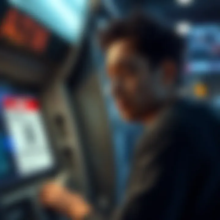 A person looks frustrated while trying to deposit cash at an ATM, with a message about missing barcode on the screen.