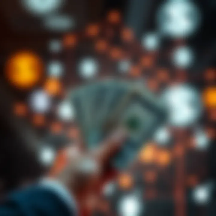 A person holding a handful of cash with digital payment symbols in the background, representing the contrast between cash and digital transactions.