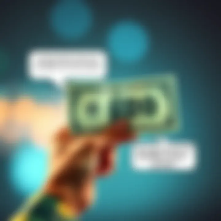 A hand holding a twenty-dollar bill with a text bubble asking for state and age information.