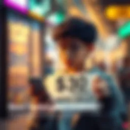 A young person holding a sign that says '$30 Cash Available?' with a thoughtful expression, looking at a smartphone.