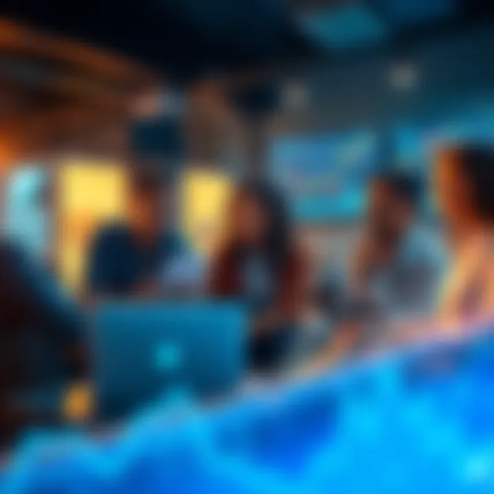 A group of people discussing various cash-out methods for Atlas Earth, including alternatives to PayPal, with a laptop and financial charts in view.