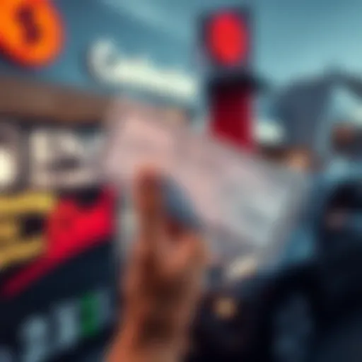 A hand holding a cashiers check above a car dealership sign, symbolizing a down payment for a vehicle.