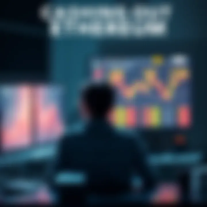 A person at a desk looking at a computer screen showing Ethereum prices and making a cash withdrawal decision.