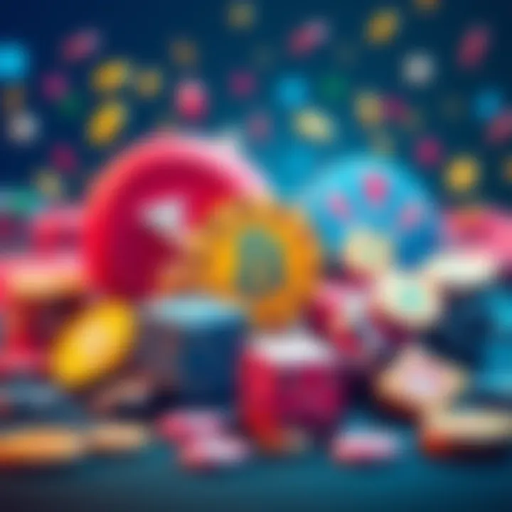 An illustration showing various altcoin symbols alongside casino elements like dice and chips, representing investment opportunities in the gaming industry for 2025.